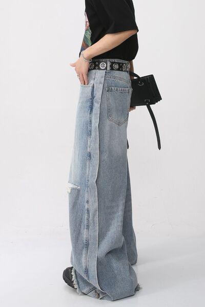 Distressed Raw Hem Wide Leg Men's Jeans