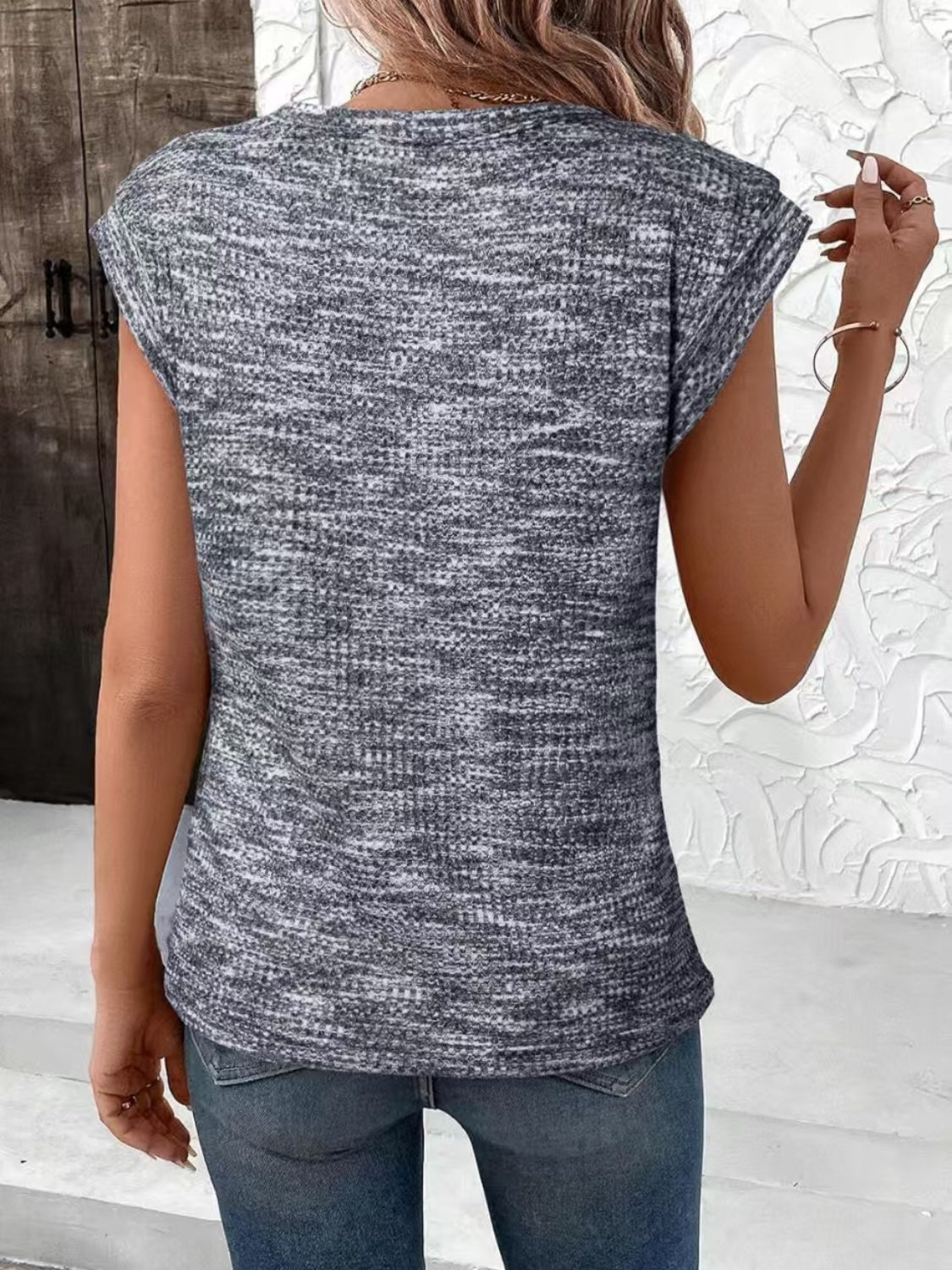 Heathered Round Neck Cap Sleeve T-Shirt