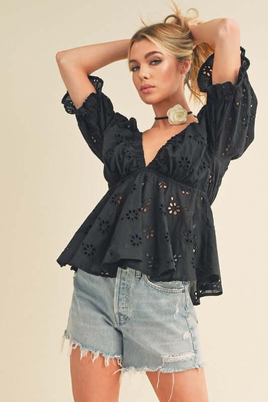 Aemi + Co Eyelet Embroidered V-Neck Half Sleeve Peplum Blouse