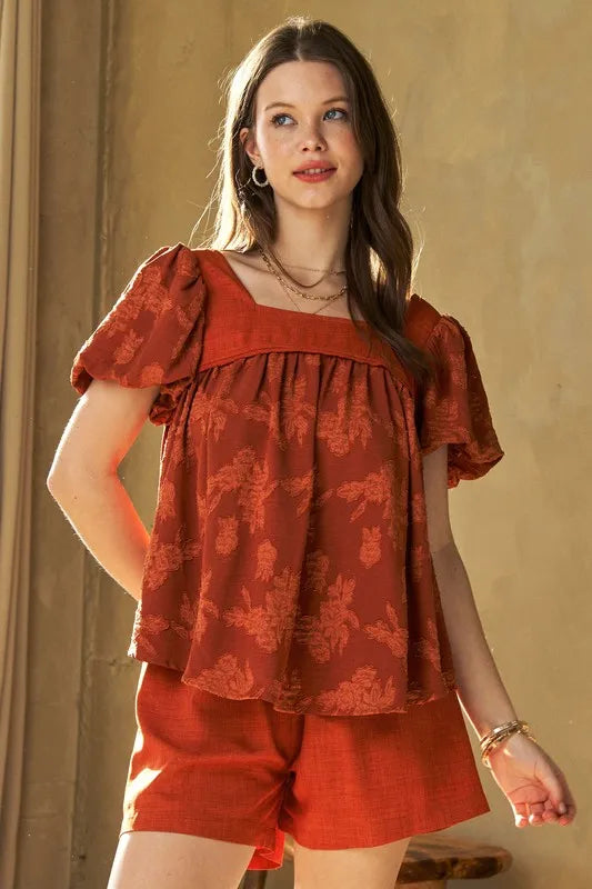 Davi & Dani Nature Printed Square Neck Puff Sleeve Blouse