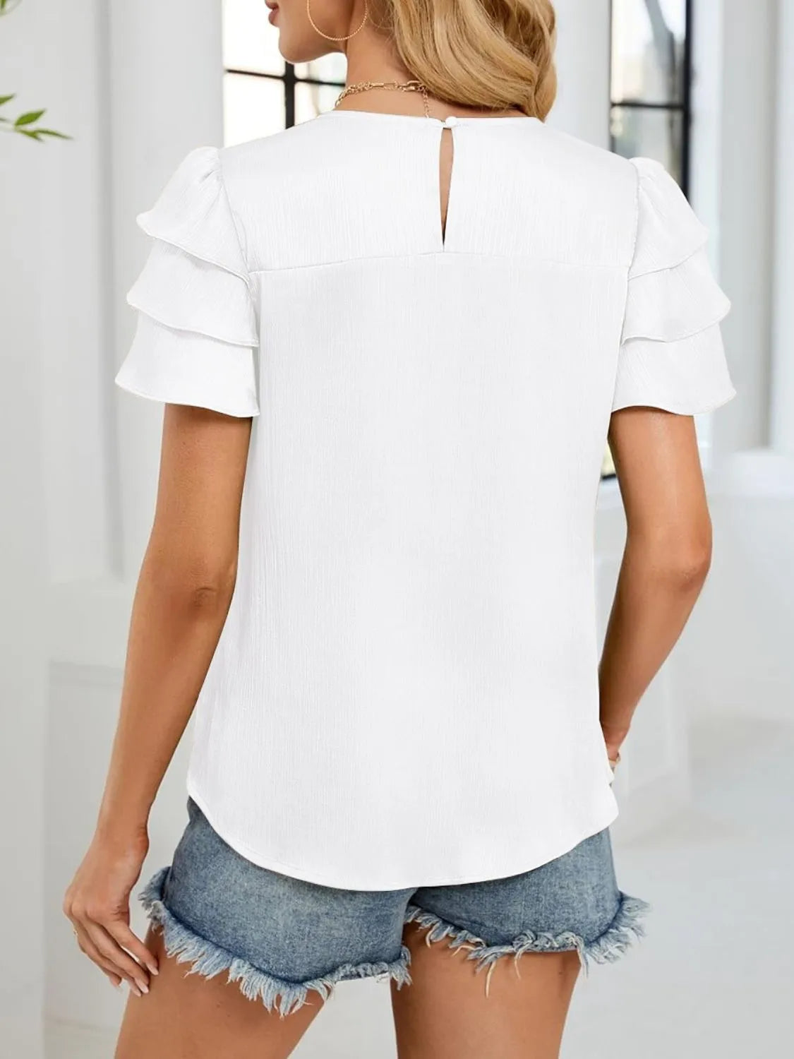 Smocked Round Neck Ruffled Layered Sleeve Blouse