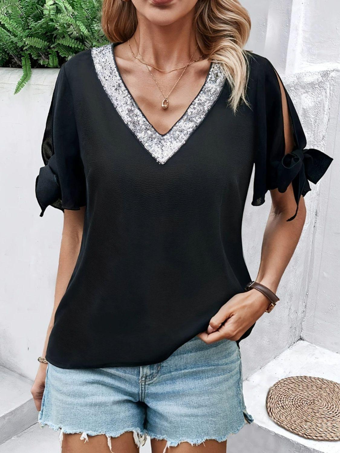 V-Neck Bow Short Sleeve Blouse