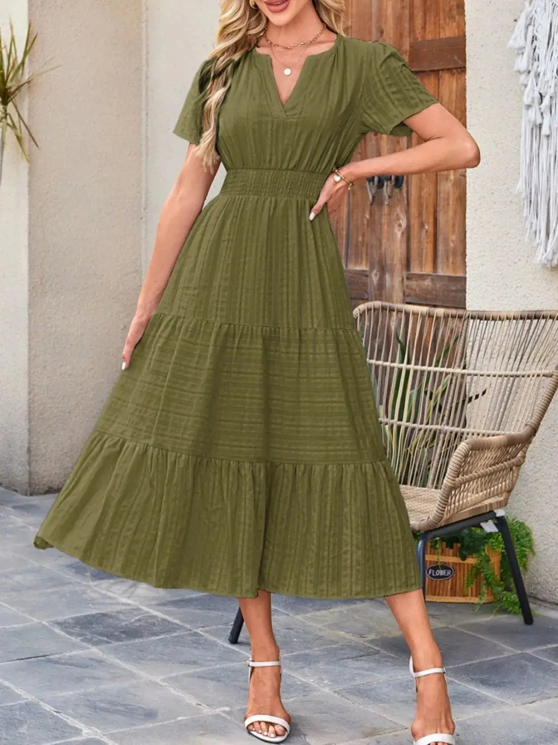 Tiered Notched Short Sleeve Dress - Clothes For Her Online Store