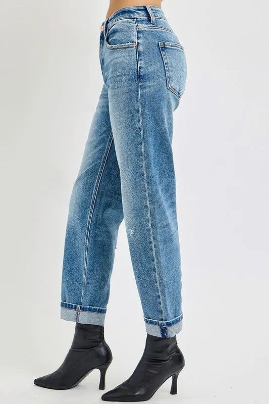 RISEN High Rise Ankle Boyfriend Distressed Jeans