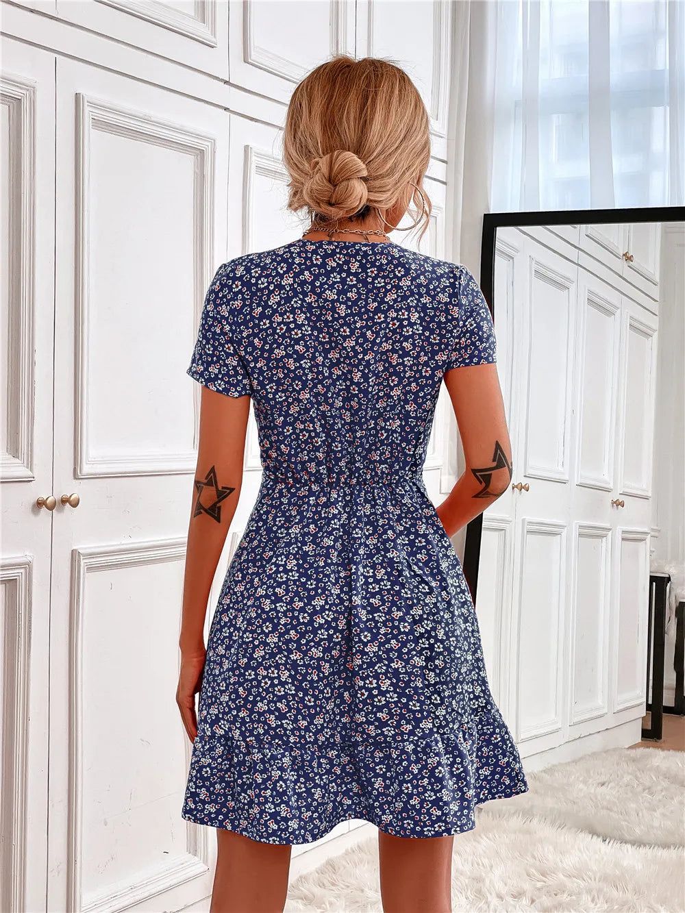 Printed Ruffled Hem V-Neck Short Sleeve Mini Dress