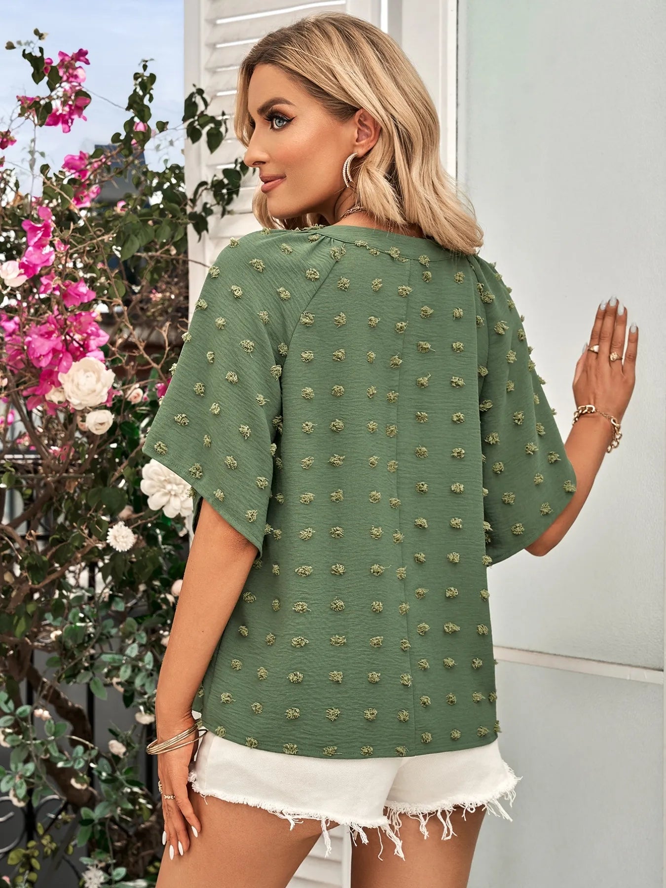 Swiss Dot Notched Half Se Blouse