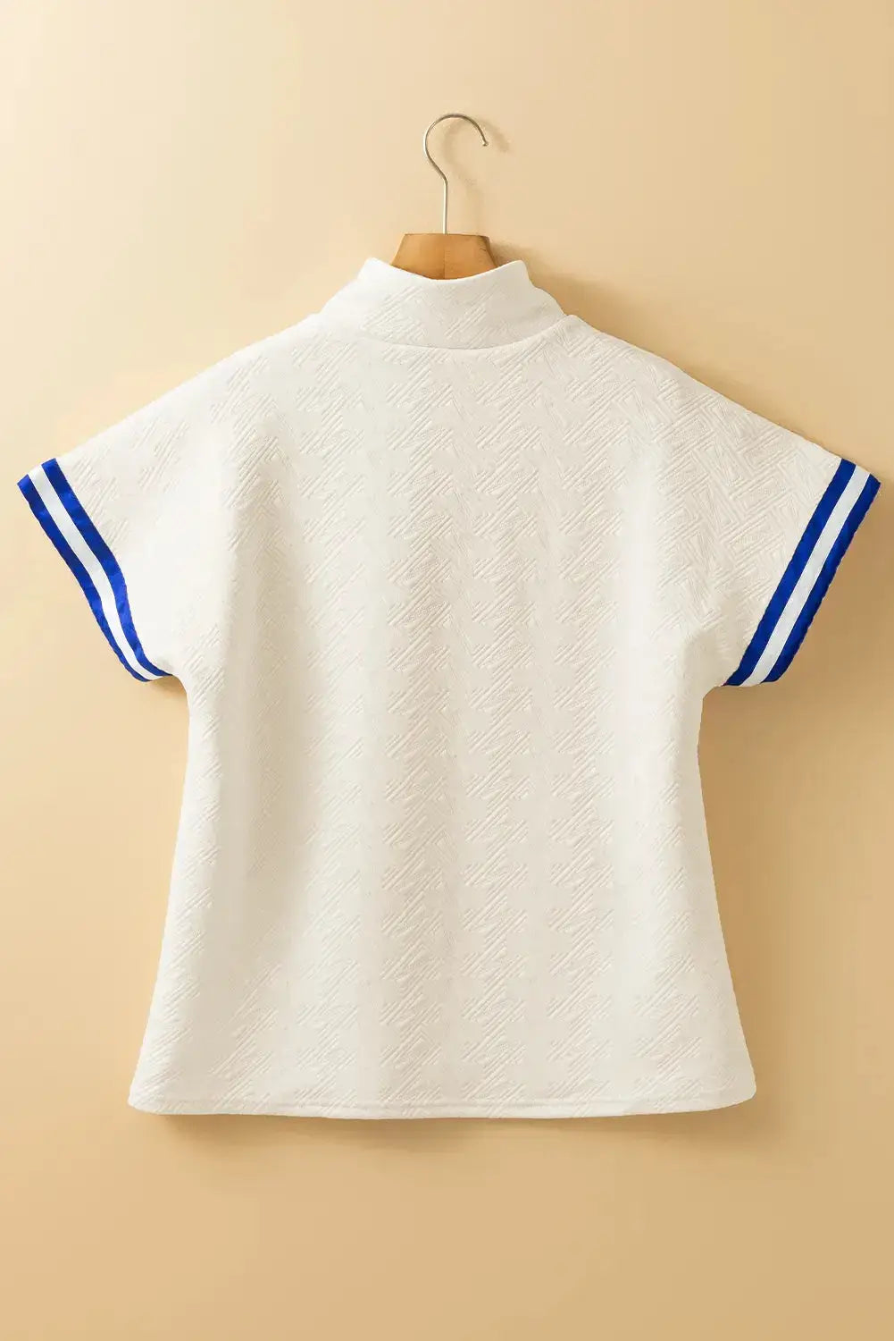 Striped Trim Textured Quarter Zipper Short Sleeve Top - Clothes For Her Online Store