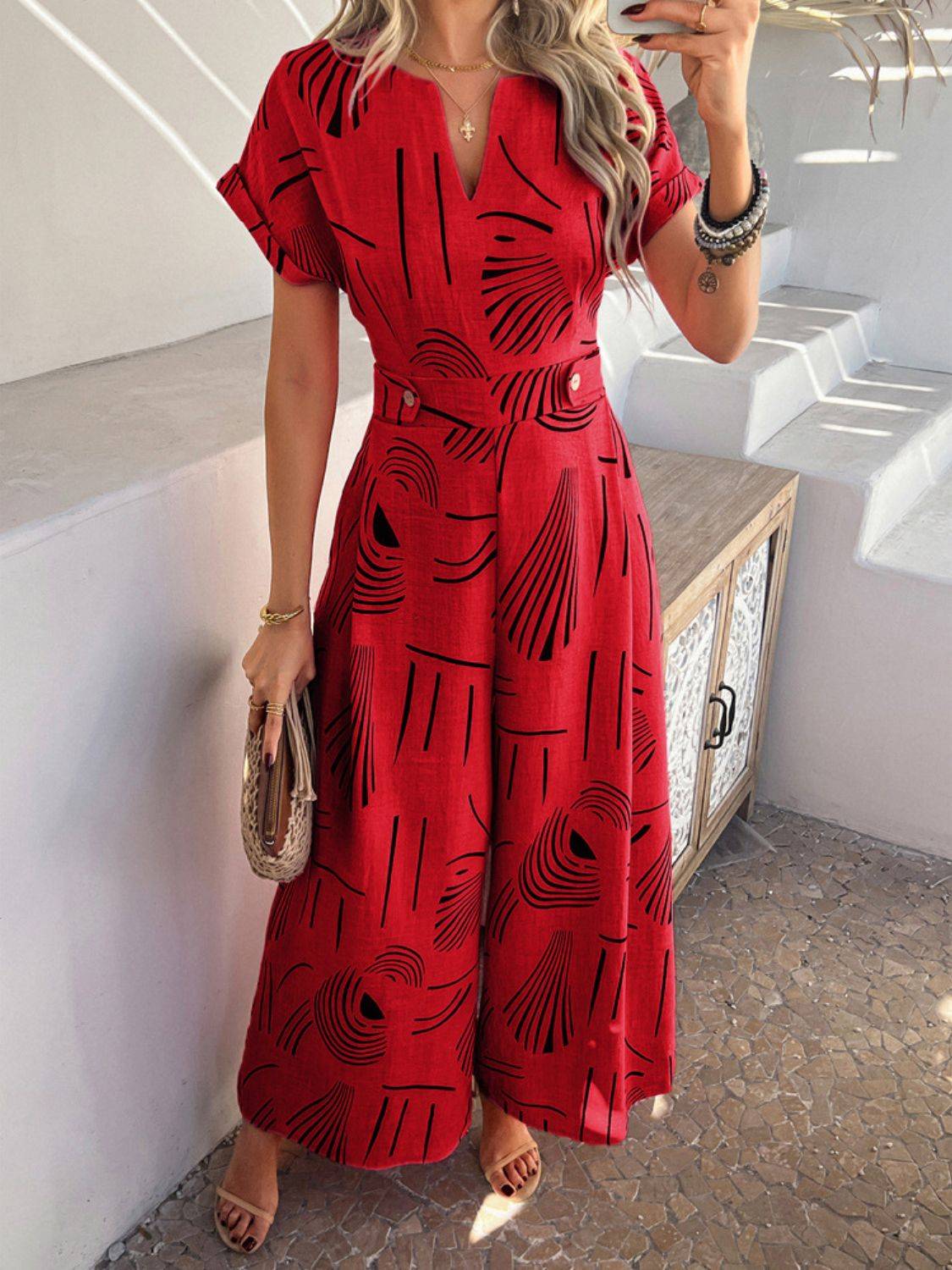 Devine Printed Notched Short Sleeve Wide Leg Jumpsuit