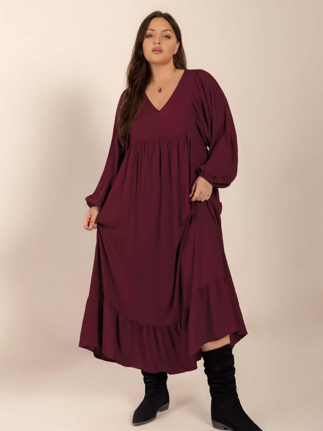 Plus Size Ruffled Hem V-Neck Balloon Sleeve Dress - Clothes For Her Online Store