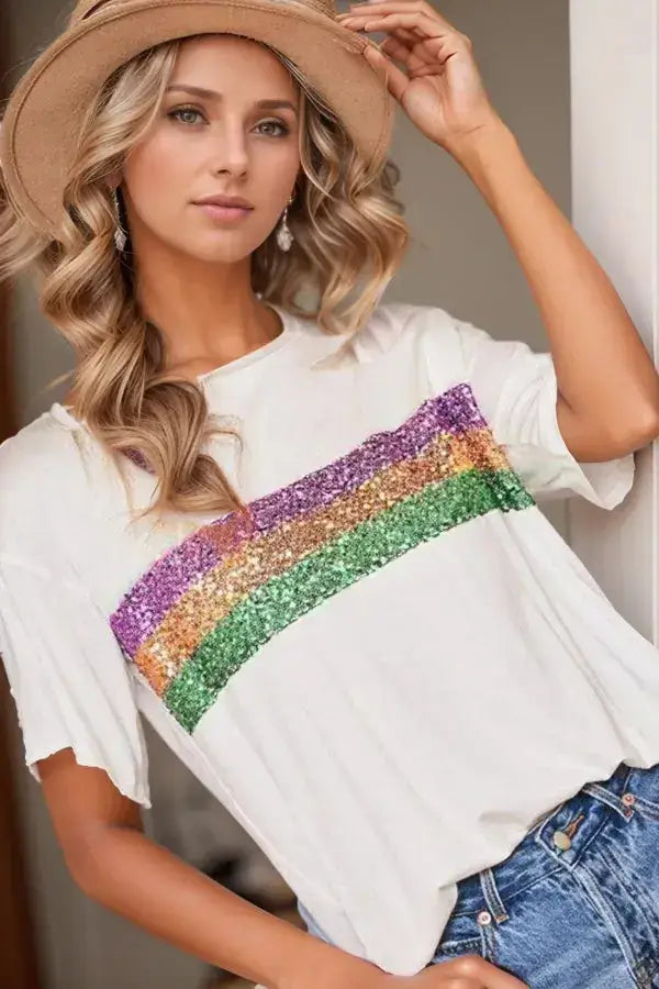 Sequin Stripes Crew Neck T Shirt - Clothes For Her Online Store