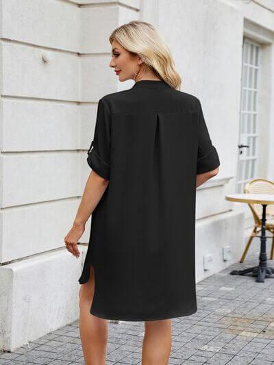 Notched Long Sleeve Mini Shirt Dress