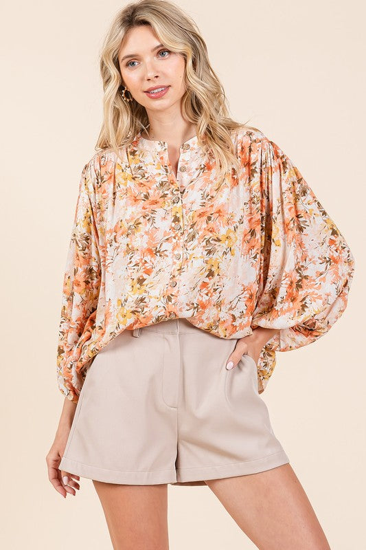 Mittoshop Flower Print Batwing Sleeve Button Down Blouse - Clothes For Her Online Store