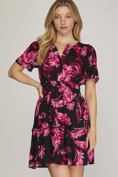 She + Sky Full Size Printed Notched Short Sleeve Frill Tiered Dress Plus Size - Clothes For Her Online Store