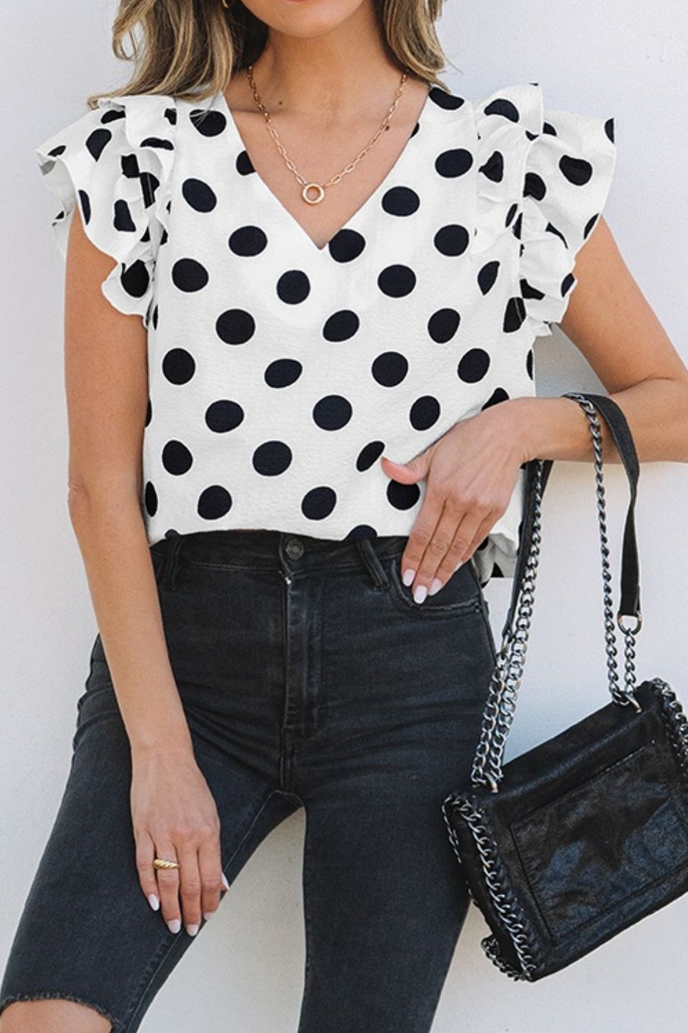 Polka Dot Ruffled Cap Sleeve V Neck Blouse