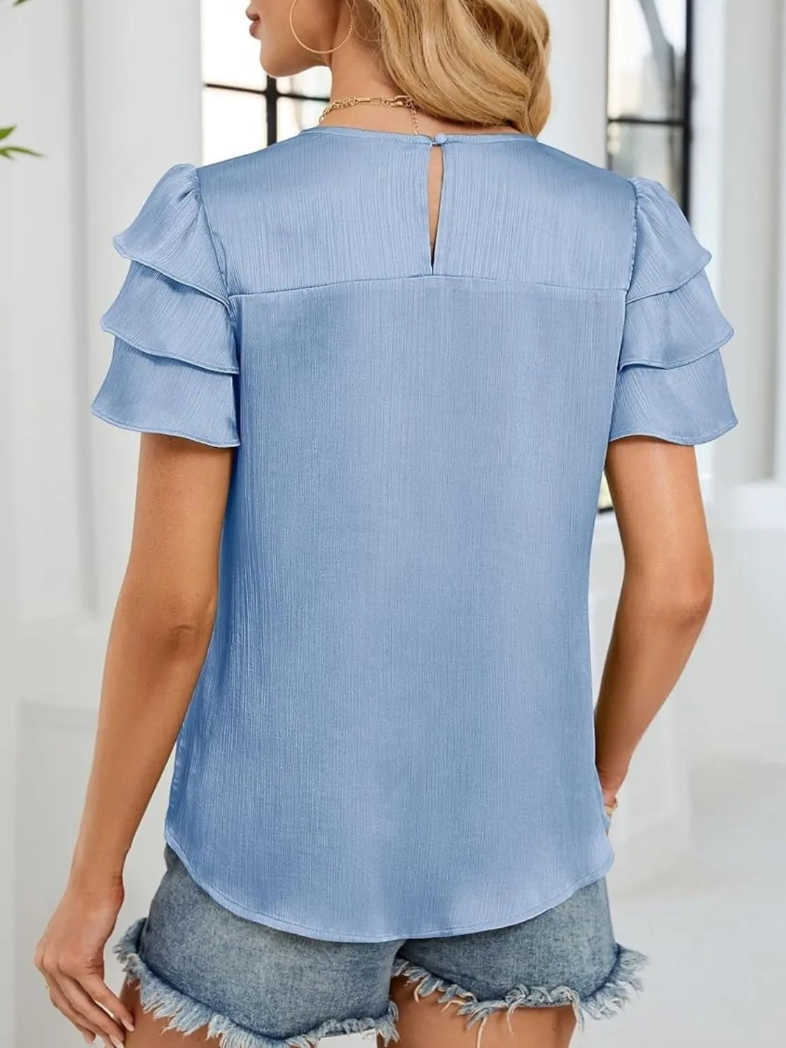 Smocked Round Neck Ruffled Layered Sleeve Blouse