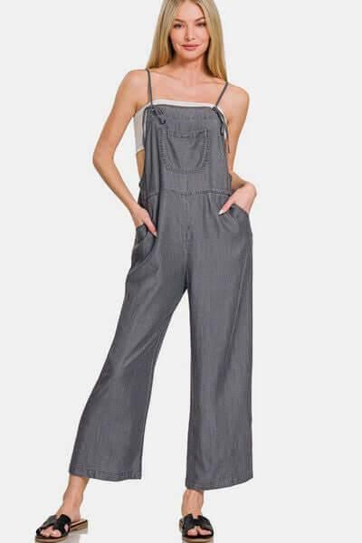 Zenana Washed Adjustable Strap Wide Leg Denim Overalls - Clothes For Her Online Store