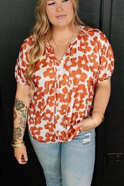 Plus Size Printed Tie Neck Short Sleeve Blouse