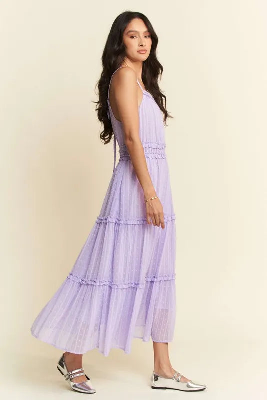 Davi & Dani Texture Swiss Dot Ruffle Square Neck Midi Dress