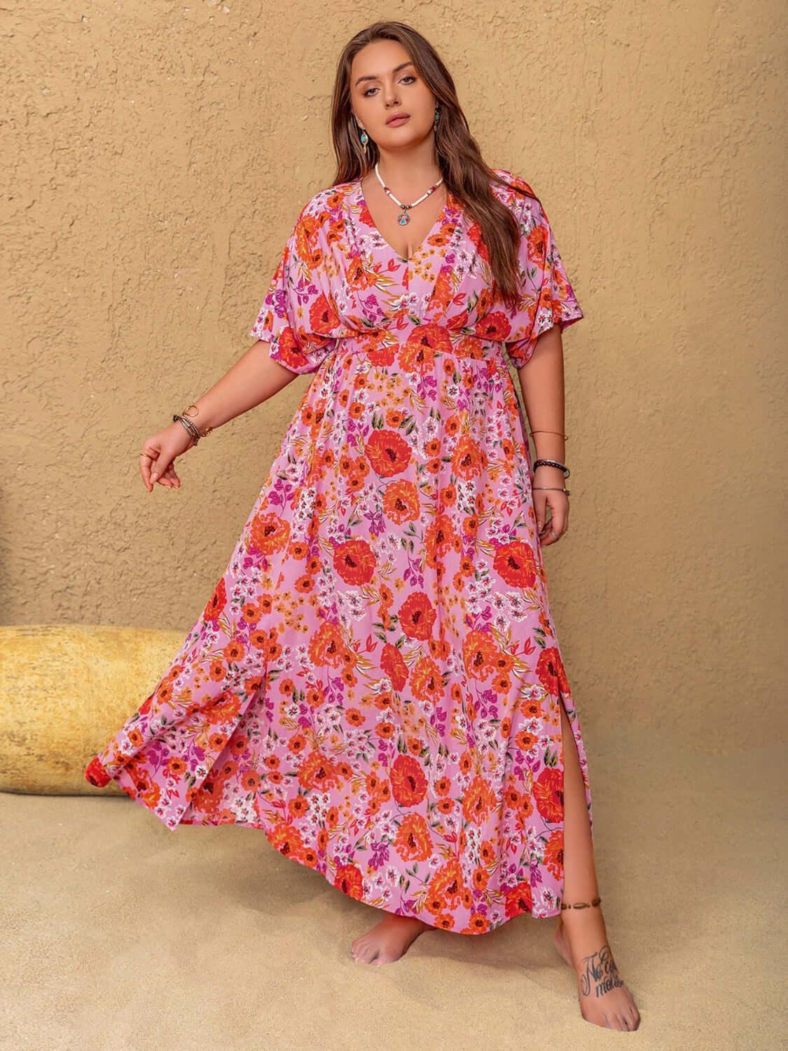 Plus Size Slit Floral V-Neck Half Sleeve Maxi Dress