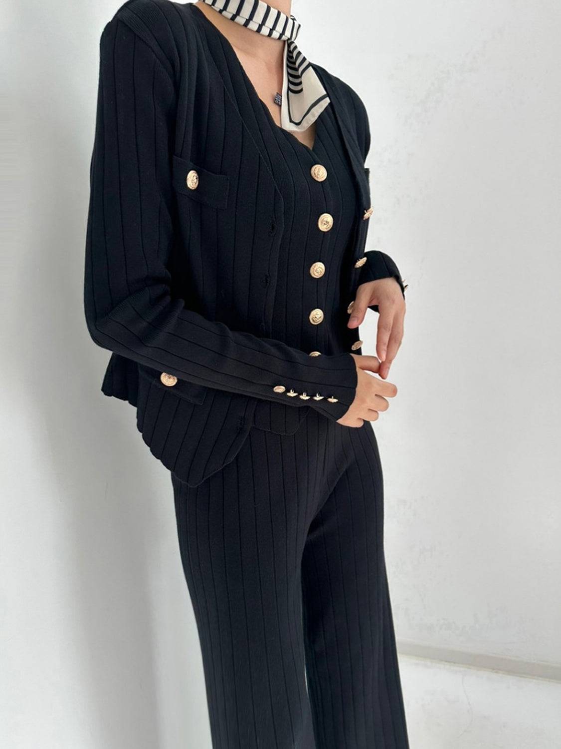 V-Neck Tank, Cardigan and Pants Three-Piece Sweater Set - Clothes For Her Online Store