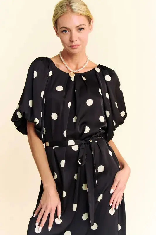 Davi & Dani Polka Dot Puff Sleeves Waist Tie Midi Dress - Clothes For Her Online Store