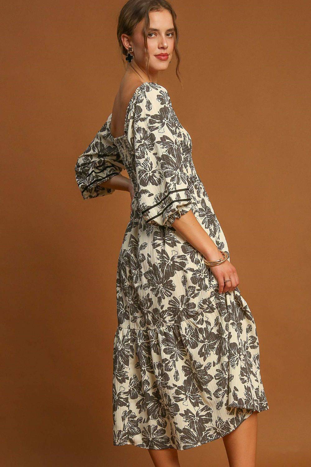 Umgee Ruffle Hem Flower Printed V-Neck Dress - Clothes For Her Online Store