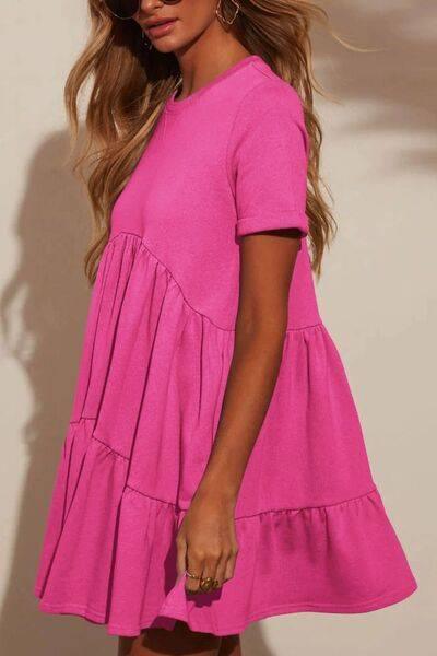 Tiered Round Neck Short Sleeve Mini Dress - Clothes For Her Online Store