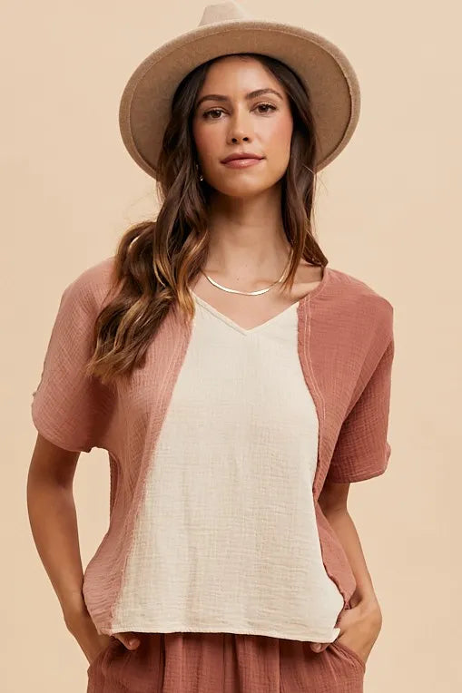 Annie Wear Color Block Cotton Gauze V-Neck Top