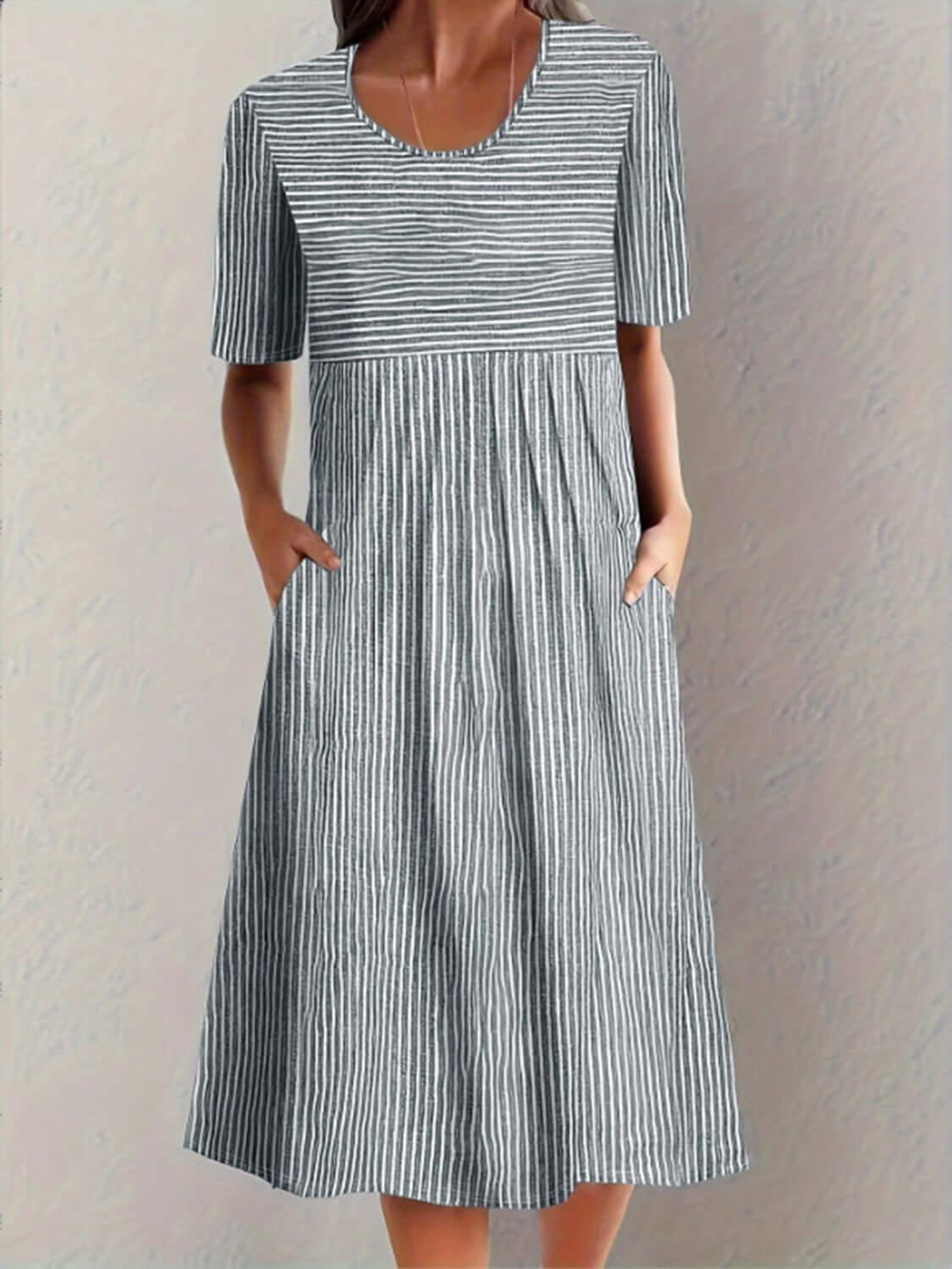 Striped Round Neck Short Sleeve Midi Dress