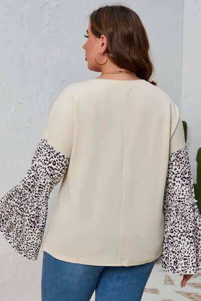 Plus Size Leopard Round Neck Long Sleeve Top - Clothes For Her Online Store