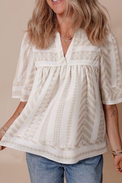 Geometric Jacquard Notched Half Sleeve Blouse - Clothes For Her Online Store
