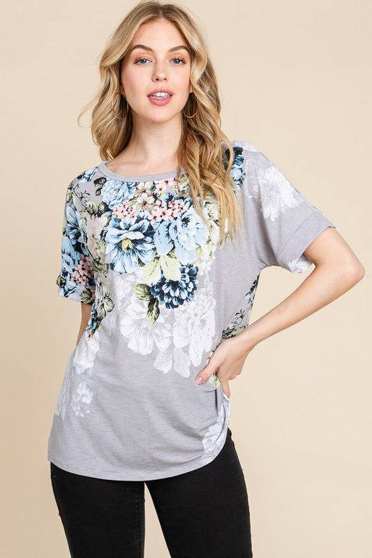 BOMBOM Floral Round Neck Short Sleeve T-Shirt - Clothes For Her Online Store