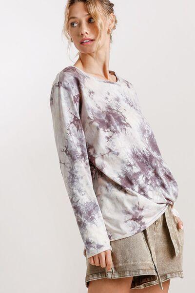 Umgee Full Size Tie Dye Front Gathered Detail Round Neck Long Sleeve T-Shirt Plus Size