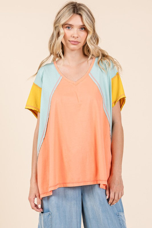 Mittoshop Color Block V-Neck Short Sleeve T-Shirt - Clothes For Her Online Store