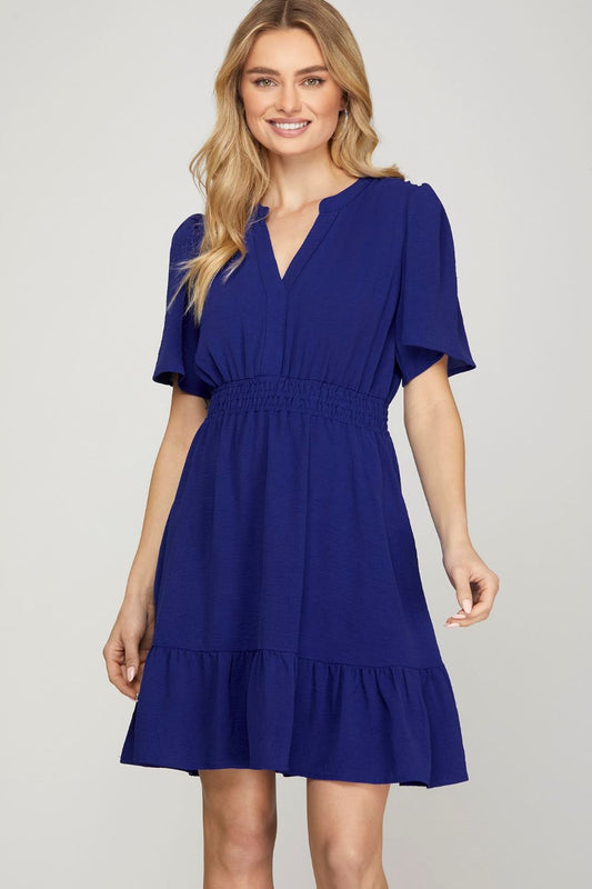 She + Sky Ruffled Hem Notched Flutter Sleeve Mini Dress - Clothes For Her Online Store