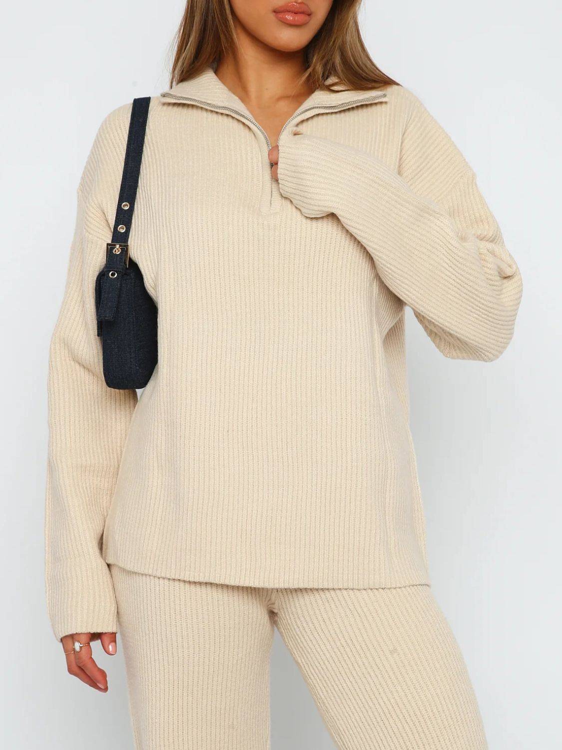 Quarter Zip Long Sleeve Top and Pants Set - Clothes For Her Online Store