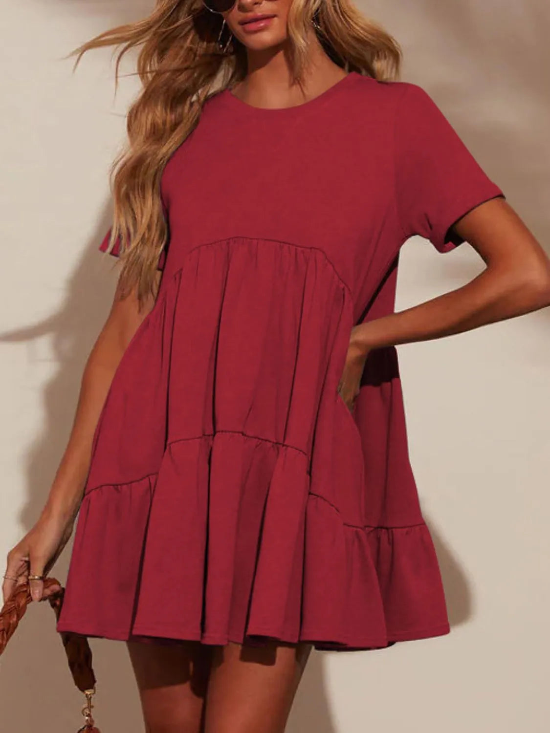 Tiered Round Neck Short Sleeve Mini Dress
