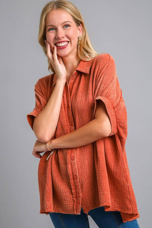 Umgee Full Size Cotton Gauze Mineral Wash Button Down Shirt Plus Size - Clothes For Her Online Store
