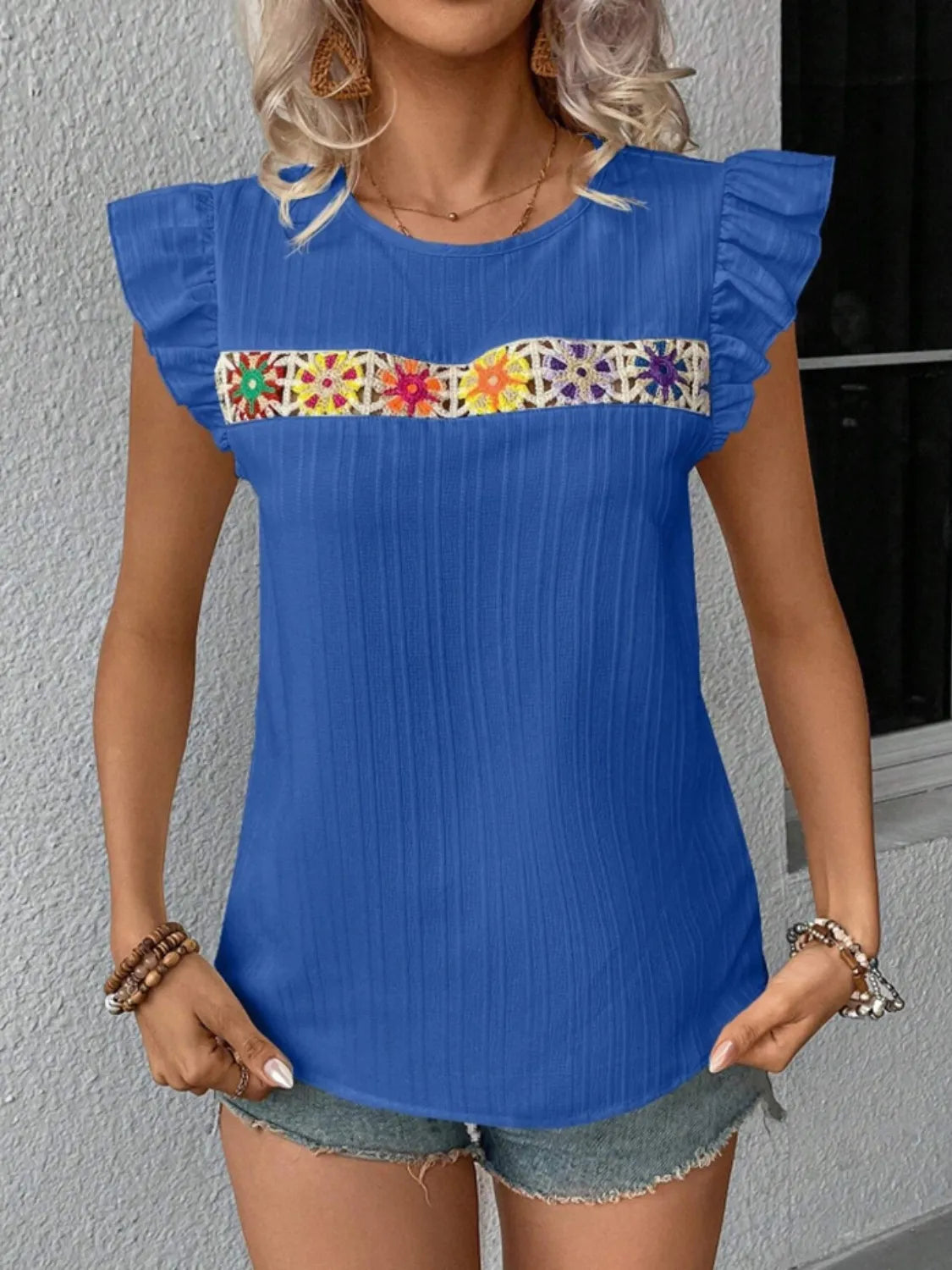 Ruffled Round Neck Cap Sleeve Blouse