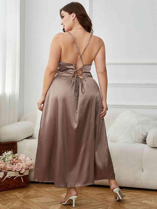 Plus Size Lace-Up Spaghetti Strap Split Night Dress - Clothes For Her Online Store