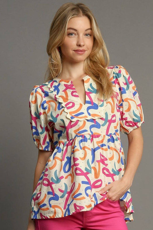 Umgee Full Size Mixed Print Puff Sleeve Babydoll Blouse Plus Size - Clothes For Her Online Store