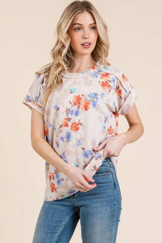 BOMBOM Floral Round Neck RIbbed T-Shirt