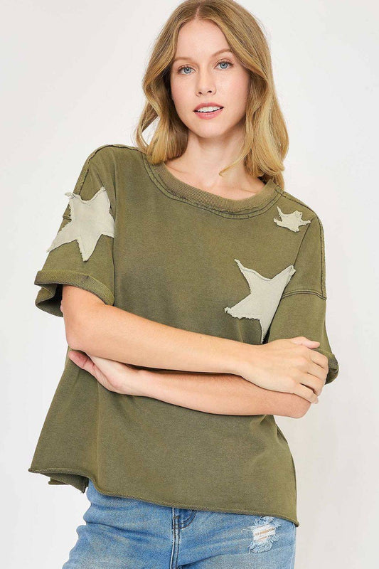 Umgee Full Size Star Patched Mineral Washed French Terry Top Plus Size - Clothes For Her Online Store