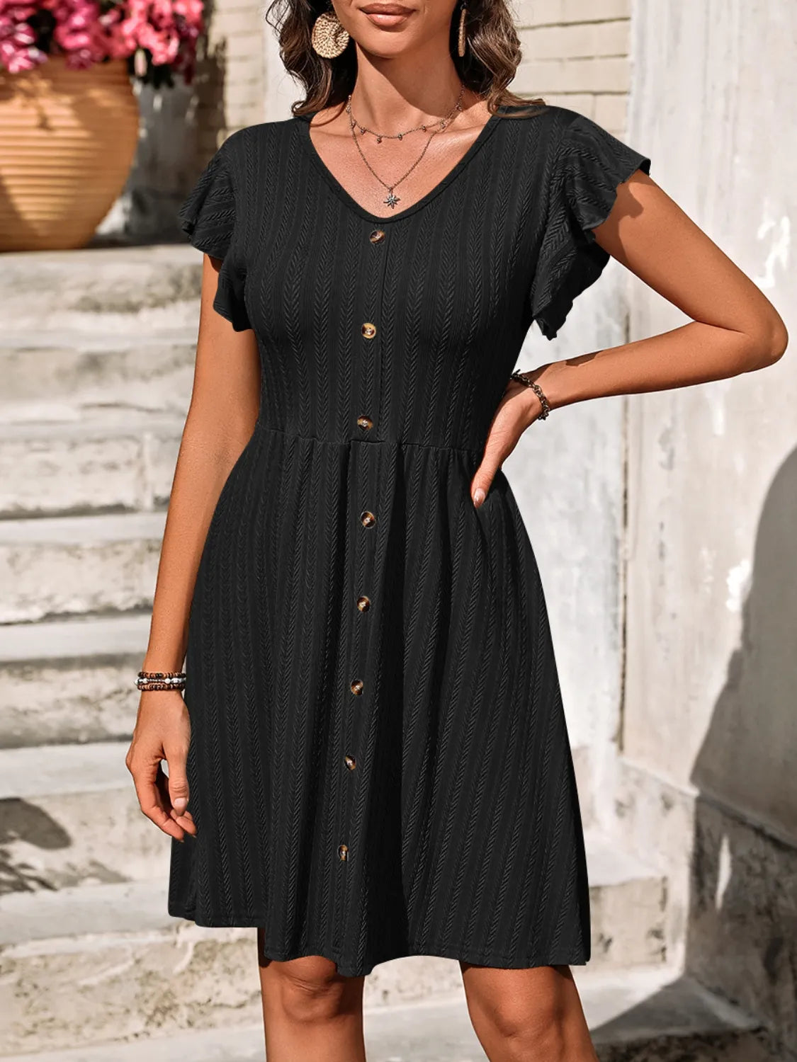 V-Neck Ruffled Cap Sleeve Dress