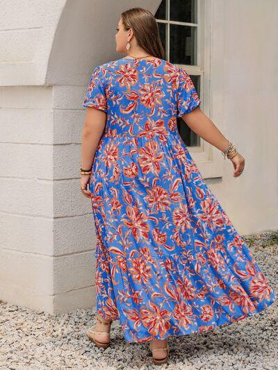 Plus Size Ruffled Printed V-Neck Short Sleeve Maxi Dress - Clothes For Her Online Store