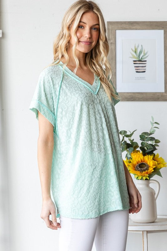 Heimish Full Size Exposed Seam V-Neck Short Sleeve Leopard Top Plus Size - Clothes For Her Online Store