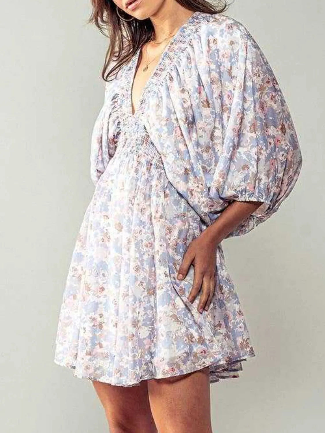 Floral V-Neck Balloon Sleeve Dress