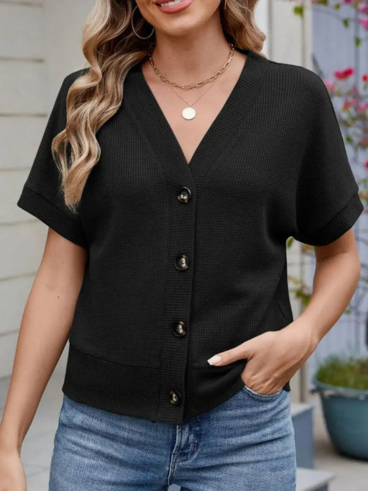 Waffle Knit Button Down Short Sleeve Top - Clothes For Her Online Store