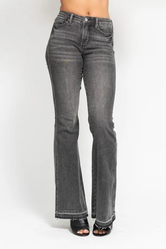Judy Blue Full Size Midi Rise Tummy Control Washed Gray Release Hem Flare Jeans Plus Size