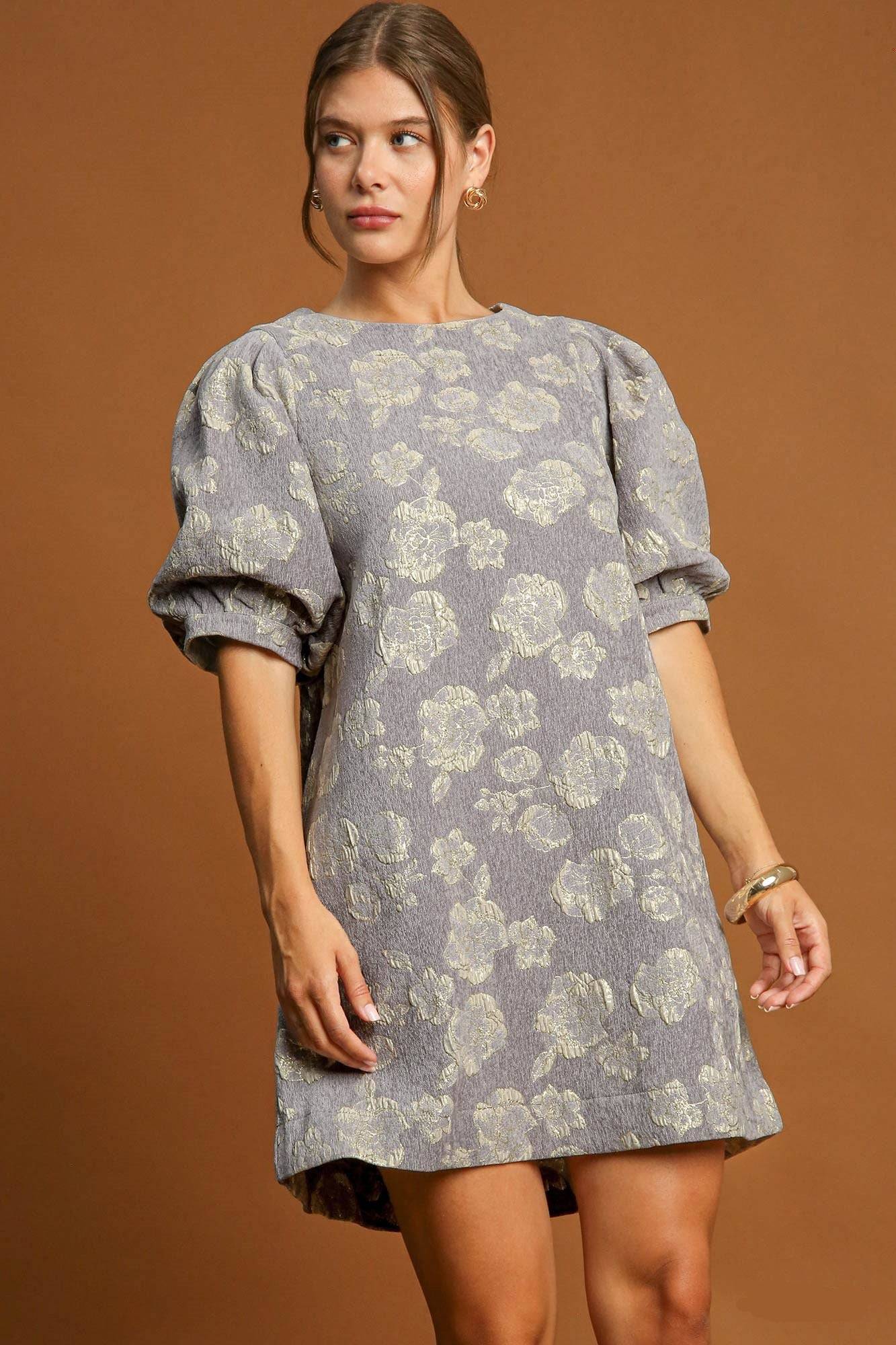 Umgee Floral Jacquard Puff Sleeve Mini Dress - Clothes For Her Online Store